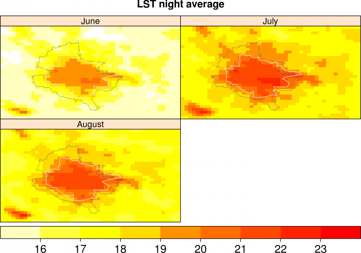 MODIS land surface temperature multi-annual mean Bucharest 2000-2013